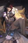  au_ra black_hair carbuncle_(final_fantasy) doll dragon_horns feather_trim final_fantasy final_fantasy_xiv horns long_hair looking_at_viewer looking_to_the_side panties scales sitting sky smile solo star_(sky) starry_sky thighhighs tuanzi_miao underwear white_legwear wide_sleeves 