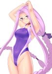  absurdly_long_hair breasts collar collarbone commentary competition_swimsuit cowboy_shot eyebrows_visible_through_hair eyes_visible_through_hair fate/stay_night fate_(series) glasses hands_above_head highleg highleg_swimsuit highres large_breasts long_braid long_hair looking_at_viewer one-piece_swimsuit purple_eyes purple_hair ribbon rider sidelocks smile solo square_pupils swimsuit very_long_hair yasumoto_(toka_0507) 