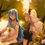  2girls aqua_(fire_emblem_if) blue_hair female_my_unit_(fire_emblem_if) fire_emblem fire_emblem_if flower image_sample jewelry long_hair lowres multiple_girls my_unit_(fire_emblem_if) necklace outdoors pointy_ears sitting smile traditional_media tree tumblr_sample watercolor_(medium) white_hair 