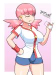  1girl akane_(pokemon) breasts creatures_(company) game_freak glass large_breasts milk nintendo pink_hair pokemon shorts solo yensh 