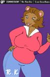  2018 anthro arthur arthur_(series) bear big_breasts breasts brown_fur butt clothed clothing digital_media_(artwork) female fur green_eyes hair hi_res huge_breasts jane_read lips looking_at_viewer mammal mother parent ruby-kila simple_background smile solo standing text thick_thighs thick_thights voluptuous wide_hips 
