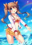  ;d bangs bikini blue_eyes blue_sky blush bow breasts brown_hair cleavage cloud commentary_request day eyebrows_visible_through_hair ezoshika fang fingernails groin hair_between_eyes hair_bow highres horizon jacket long_hair long_sleeves looking_at_viewer medium_breasts navel ocean one_eye_closed open_clothes open_jacket open_mouth orange_bow original outdoors rainbow side-tie_bikini sky smile solo standing striped striped_bikini swimsuit twintails very_long_hair wading water water_drop white_jacket 