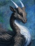  2018 ambiguous_gender black_fur digital_media_(artwork) dragon feral fur furred_dragon headshot_portrait hibbary horn portrait red_eyes solo 
