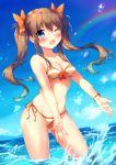  ;d bangs bare_arms bare_shoulders bikini blue_eyes blue_sky blush bow breasts brown_hair cleavage cloud day eyebrows_visible_through_hair ezoshika fang fingernails groin hair_between_eyes hair_bow highres horizon long_hair looking_at_viewer medium_breasts navel ocean one_eye_closed open_mouth orange_bow original outdoors rainbow side-tie_bikini sky smile solo standing striped striped_bikini swimsuit twintails very_long_hair wading water water_drop 