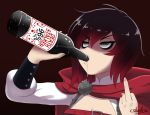  alcohol bags_under_eyes cslucaris dark_background drinking middle_finger multi-colored_hair ruby_rose rwby silver_eyes 