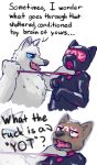  ... 2018 ? anthro black_nose blue_eyes bodysuit canine clothing collar dialogue digital_drawing_(artwork) digital_media_(artwork) duo english_text fur humor leash male mammal open_mouth pink_collar rubber sexotheque shiny simple_background skinsuit text tight_clothing tongue tongue_out toy white_background white_fur wolf 