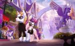  2018 absurd_res amazing_background blonde_hair blue_eyes bonbon_(mlp) building castle city clothed clothing cloud cutie_mark detailed_background devinian duo_focus earth_pony equine eyebrows eyelashes eyewear fan_character female feral flower friendship_is_magic group hair hi_res hooves horn horse male mammal midnight_emissary multicolored_hair my_little_pony necktie outside plant pony purple_hair scenery scenery_porn sculpture sky spy statue street_lamp suit sunglasses teeth turtleneck twilight_velvet_(mlp) two_tone_hair unicorn walking 
