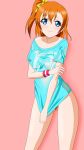  10s 1girl areolae blue_eyes blush bottomless breasts covering covering_crotch eyebrows_visible_through_hair gluteal_fold kousaka_honoka large_breasts looking_at_viewer love_live! love_live!_school_idol_project magicalflight naked_shirt nipples no_bra no_panties orange_hair partially_visible_vulva pink_background pubic_hair pubic_hair_peek see-through shadow shirt shirt_pull shirt_tug simple_background smile solo standing wet wet_clothes wet_shirt 