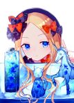  :o abigail_williams_(fate/grand_order) black_bow black_hat blue_eyes bow cat commentary_request eyebrows_visible_through_hair fate/grand_order fate_(series) forehead hair_bow hand_up hat index_finger_raised looking_at_viewer orange_bow parted_lips polka_dot polka_dot_bow sakipsakip solo unicorn white_background 