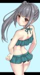  ass bare_shoulders bikini blue_background blush brown_eyes closed_mouth commentary_request eyebrows_visible_through_hair from_behind graphite_(medium) green_bikini grey_hair hands_on_hips kantai_collection kasumi_(kantai_collection) kurogane_daichi long_hair looking_at_viewer looking_back pout side_ponytail simple_background solo swimsuit traditional_media 