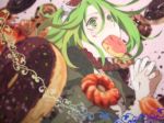  blurry close-up crying crying_with_eyes_open depth_of_field dessert donut_hole_(vocaloid) doughnut eating face fingernails food goggles goggles_on_head green_eyes green_hair gumi hands_clasped hands_together interlocked_fingers jewelry looking_up madori_(sayuri5) necklace own_hands_together pearl_necklace pink_background red_neckwear short_hair simple_background solo tears upper_body vocaloid 