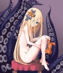  abigail_williams_(fate/grand_order) bangs barefoot black_bow blonde_hair blue_eyes blush bow brown_background closed_mouth colored_eyelashes eyebrows_visible_through_hair fate/grand_order fate_(series) hair_bow head_tilt holding holding_stuffed_animal leg_hug long_hair looking_at_viewer looking_to_the_side nude orange_bow polka_dot polka_dot_bow sitting solo stuffed_animal stuffed_toy suction_cups teddy_bear tentacles umineco very_long_hair 