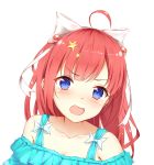  :d ahoge animal_ears bare_shoulders blue_eyes blue_shirt blush bow collarbone commentary_request dutch_angle hair_bow hair_ornament han_(hehuihuihui) head_tilt long_hair off-shoulder_shirt open_mouth original red_hair shirt simple_background smile solo star star_hair_ornament v-shaped_eyebrows white_background white_bow wolf_ears 