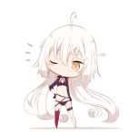  absurdly_long_hair ahoge asymmetrical_legwear bangs barefoot beni_shake bikini black_bikini black_gloves black_jacket chibi closed_mouth commentary_request eyebrows_visible_through_hair fate/grand_order fate_(series) full_body gloves hair_between_eyes hand_on_hip head_tilt jacket jeanne_d'arc_(alter_swimsuit_berserker) jeanne_d'arc_(fate)_(all) long_hair long_sleeves looking_at_viewer no_shoes notice_lines o-ring one_eye_closed orange_eyes red_legwear shrug_(clothing) silver_hair single_thighhigh solo standing swimsuit thighhighs very_long_hair white_background 