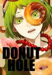  blurry close-up commentary copyright_name depth_of_field dessert donut_hole_(vocaloid) doughnut english_commentary face food goggles goggles_on_head green_eyes green_hair grey_background gumi hasuhasuhasu0127 highres jewelry looking_at_viewer necklace open_mouth pearl_necklace red_neckwear short_hair simple_background solo teeth upper_body vocaloid 