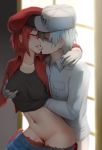  1girl ae-3803 black_shirt blush breast_grab cabbie_hat closed_eyes collarbone french_kiss ginhaha gloves grabbing hand_under_clothes hand_under_shirt hat hataraku_saibou hetero jacket kiss navel panties panty_pull pubic_hair red_blood_cell_(hataraku_saibou) red_hair red_jacket red_panties red_pubic_hair saliva shirt short_hair shorts shorts_pull tongue u-1146 underwear white_blood_cell_(hataraku_saibou) white_gloves white_hair 