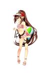  ball beachball beniko_(ymdbnk) bikini brown_hair eyebrows_visible_through_hair flower formation_girls frilled_bikini frills full_body goggles goggles_around_neck hair_between_eyes hair_flower hair_ornament hibiscus highres holster julia_asmolova long_hair looking_at_viewer navel official_art pink_bikini pink_footwear red_eyes sandals solo swimsuit tongue tongue_out transparent_background very_long_hair visor_cap 