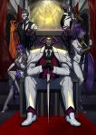  3boys absurdres alternate_costume armor assassin_(fate/zero) backless_outfit bare_shoulders breasts business_suit center_opening chair commentary_request dark_skin earrings fate/grand_order fate/prototype fate/prototype:_fragments_of_blue_and_silver fate/stay_night fate/zero fate_(series) female_assassin_(fate/zero) fingerless_gloves formal gloves glowing glowing_eyes grey_skin hairband hassan_of_serenity_(fate) highres hoop_earrings jacket jewelry king_hassan_(fate/grand_order) korean_commentary leggings long_hair looking_at_viewer mask multiple_boys multiple_girls necktie pant_suit peco_(pixiv7926076) ponytail purple_eyes purple_hair sitting skull skull_mask smile suit sword throne true_assassin weapon white_jacket 
