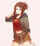  alternate_costume belly_peek belt blush_stickers boku_no_hero_academia brown_eyes brown_hair casual cowboy_shot hand_in_hair jacket lei-lei midriff navel red_shirt shirt shorts sidelocks sleeves_rolled_up smile solo sparkle star tied_hair uraraka_ochako 