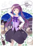  ;d backdrop black_skirt bottle bow bowtie collared_shirt commentary cowboy_shot gochuumon_wa_usagi_desu_ka? hand_on_forehead hand_on_hip highres holding long_sleeves one_eye_closed open_mouth plant purple_bow purple_eyes purple_hair purple_neckwear purple_vest rabbit_house_uniform shirt skirt sky smile solo star star_(sky) starry_sky stick_jitb teapot tedeza_rize twintails vest vines waitress white_background white_shirt wine_bottle 