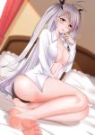  antenna_hair ass azur_lane bare_legs barefoot bed black_panties black_ribbon blurry blurry_background breasts brown_eyes cameltoe cleavage collarbone collared_shirt commentary_request curtains depth_of_field dress_shirt dutch_angle feet finger_to_mouth frilled_pillow frills hair_ribbon highres indoors large_breasts legs leng_xiao lips long_hair long_sleeves looking_at_viewer multicolored_hair navel on_bed open_clothes open_shirt panties parted_lips pillow prinz_eugen_(azur_lane) red_hair ribbon shirt silver_hair smile soles solo streaked_hair two_side_up underwear very_long_hair 