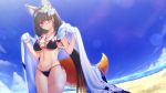  absurdres animal_ear_fluff animal_ears beach bikini black_hair breasts cleavage collarbone day fate/grand_order fate_(series) flower fox_ears fox_tail glasses groin hair_flower hair_ornament highres huge_filesize jewelry lady_foxy large_breasts light_smile long_hair looking_at_viewer magatama_necklace mkon multicolored_hair navel osakabe-hime_(fate/grand_order) outdoors purple_eyes side-tie_bikini solo swimsuit tail twintails very_long_hair 