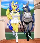  2018 5_fingers anthro areola bat_pony bat_wings big_breasts blue_eyes blue_hair blush breasts clothed clothing cloud detailed_background duo equine erect_nipples exposed_breasts eye_contact eyebrows eyelashes fan_character fangs feathered_wings feathers female footwear fully_clothed grey_areola grin hair hat holding_object hooves inner_ear_fluff legwear lemon_frost_(oc) mammal membranous_wings multicolored_hair my_little_pony navel nipples outside pegasus portrait racket_rhine replica_(artist) ribbons shirt shoes shorts skirt sky slit_pupils smile sneakers socks sport sweat sweatband tail_bow tail_ribbon teeth tennis tennis_court tennis_racket translucent transparent_clothing two_tone_hair walking wet_shirt white_hair wings yellow_areola yellow_eyes yellow_feathers 