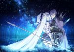  1boy 1girl armor black_skirt brynhildr_(fate) cloak closed_mouth eyes_closed fate/grand_order fate_(series) gauntlets glasses hand_holding holding holding_weapon krab legs long_hair multicolored_hair night night_sky ocean outdoors polearm shoulder_spikes sigurd_(fate/grand_order) silver_hair skirt sky spear spiked_hair spikes star_(sky) starry_sky thighs very_long_hair weapon 