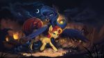  2018 blue_eyes blue_fur blue_hair cloud cutie_mark day digital_media_(artwork) discordthege duo equestria_girls equine feathered_wings feathers female feral fire friendship_is_magic fur hair hi_res hooves horn long_hair mammal moon my_little_pony night open_mouth orange_fur outside princess_luna_(mlp) red_hair smile sunset_shimmer_(eg) teeth tongue unicorn winged_unicorn wings 