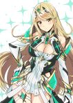  :&lt; armor bangs bare_shoulders blonde_hair blush breasts cleavage cleavage_cutout closed_mouth cowboy_shot dress faulds gem gloves hand_on_hip highres hikari_(xenoblade_2) large_breasts long_hair looking_at_viewer shimo_(s_kaminaka) short_dress shoulder_armor simple_background solo sparkle swept_bangs thigh_strap thighs v-shaped_eyebrows very_long_hair white_dress white_gloves wrist_guards xenoblade_(series) xenoblade_2 yellow_eyes 