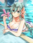  aqua_eyes aqua_hair ass bare_shoulders bikini breasts cleavage flower hair_between_eyes hair_flower hair_ornament holding holding_flower jewelry kantai_collection large_breasts long_hair looking_at_viewer partially_submerged pool ring sagamiso smile suzuya_(kantai_collection) swimsuit twitter_username wedding_band white_bikini 