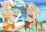  2018 anthro bikini blue_eyes braided_hair cat cephalopod clothing day detailed_background dialogue digital_media_(artwork) english_text estella_(zummeng) evie_(zummeng) feline female feral group hair hi_res jellyfish long_hair mammal marine octopus outside photo sky smile swimsuit tentacles text tiger water wet white_hair zummeng 