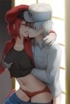  1girl ae-3803 black_shirt blush breast_grab cabbie_hat closed_eyes collarbone commentary french_kiss ginhaha gloves grabbing hand_under_clothes hand_under_shirt hat hataraku_saibou hetero jacket kiss navel panties red_blood_cell_(hataraku_saibou) red_hair red_jacket red_panties saliva shirt short_hair shorts shorts_pull tongue u-1146 underwear white_blood_cell_(hataraku_saibou) white_gloves white_hair 