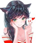  ahri animal_ears bare_shoulders black_hair breasts cleavage closed_mouth commentary_request eyebrows_visible_through_hair fox_ears heart highres league_of_legends long_hair looking_at_viewer medium_breasts nail_polish red_nails slit_pupils smile solo upper_body usagi_(3828164) whisker_markings yellow_eyes 