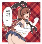  ass black_neckwear black_panties blue_skirt blush bokota_(bokobokota) breasts brown_hair commentary_request cosplay elbow_gloves eyebrows_visible_through_hair gloves hair_ornament hairclip highres kantai_collection large_breasts long_hair looking_at_viewer low_twintails miniskirt neckerchief one_eye_closed open_mouth panties pantyshot sailor_collar shimakaze_(kantai_collection) shimakaze_(kantai_collection)_(cosplay) skirt solo tashkent_(kantai_collection) translated twintails underwear white_gloves 