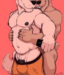  2018 5_fingers anthro armpit_hair bear black_nipples black_penis brown_fur bulge canine cellphone clothed clothing crotch_tuft digital_drawing_(artwork) digital_media_(artwork) duo embrace flaccid fur holding_object hug hugging_from_behind humanoid_penis intimate koorivlf looking_at_partner male male/male mammal muscular muscular_male navel nipples nude partially_clothed pecs penis penis_base phone portrait simple_background smile standing teeth three-quarter_portrait underwear undressing vein veiny_penis white_fur 