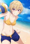  aki_no_suke_p bangs beach bikini blonde_hair blue_shorts blue_sky blush breasts cleavage collarbone commentary_request day grin hair_between_eyes highres idolmaster idolmaster_shiny_colors looking_at_viewer navel purple_eyes saijou_juri short_hair shorts sky small_breasts smile solo sparkle star star_print swimsuit thighs volleyball yellow_bikini 