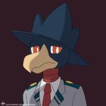  anthro antoreakk avian beak bird clothed clothing corvid crossover crow fumikage_tokoyami hi_res male murkrow my_hero_academia necktie nintendo pok&eacute;mon pok&eacute;mon_(species) pok&eacute;morph simple_background solo uniform video_games 