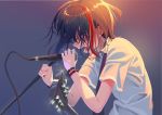  bang_dream! bangs black_hair bob_cut bracelet commentary electric_guitar english_commentary flying_sweatdrops from_side glint grey_background guitar hair_over_eyes holding holding_microphone instrument jewelry microphone microphone_stand mitake_ran multicolored_hair nail_polish open_mouth poligon_(046) red_hair red_nails shaded_face shirt short_hair short_sleeves solo streaked_hair upper_body white_shirt 