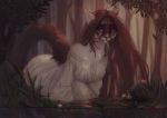  2018 anthro blue_eyes breasts brown_fur brown_hair cat clothed clothing day digital_media_(artwork) feline female forest fur hair hi_res mammal outside partially_submerged raventenebris solo tree water 