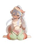  barefoot blue_eyes blue_hair blush cosplay costume_switch covering covering_chest highres horned_headwear made_in_abyss male_focus maruruk minato_nao nanachi_(made_in_abyss) nanachi_(made_in_abyss)_(cosplay) navel otoko_no_ko sitting solo sweatdrop tears topless wariza white_background 