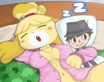  animal_crossing anthro bed bottomless breasts canid canine clothed clothing eyes_closed female isabelle_(animal_crossing) mammal mochi-bun nintendo nipple_bulge open_mouth open_shirt pillow pink_shirt sleeping solo sound_effects video_games villager_(animal_crossing) zzz 