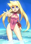  bangs blonde_hair blue_eyes blush breasts ciel_(rockman) commentary covered_navel groin highleg highleg_swimsuit long_hair looking_at_viewer ocean one-piece_swimsuit open_mouth rockman rockman_zero skin_tight swimsuit ukimukai water 