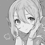  aiueo1234853 closed_mouth commentary_request fire_emblem fire_emblem_heroes fire_emblem_if grey_background greyscale hair_between_eyes hands_on_own_face kanna_(female)_(fire_emblem_if) kanna_(fire_emblem_if) monochrome pointy_ears pout scarf simple_background solo 