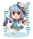  aqua_neckwear aqua_skirt barefoot black_ribbon blue_hair blue_sailor_collar character_name chibi dixie_cup_hat double_bun gurageida hat hat_ribbon kantai_collection long_sleeves military_hat miniskirt neckerchief open_mouth pleated_skirt ribbon sailor_collar samuel_b._roberts_(kantai_collection) school_uniform serafuku shirt short_hair skirt sleeve_cuffs smile solo whale white_background white_hat white_shirt yellow_eyes 