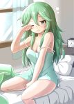  alternate_costume bed bedroom blue_eyes blush breasts camisole cleavage clock closed_mouth collarbone commentary_request eyebrows_visible_through_hair green_hair hair_between_eyes highres kantai_collection large_breasts long_hair looking_at_viewer on_bed one_eye_closed pillow rubbing_eyes sakuramai_(sakuramai_0525) sitting sitting_on_bed sleepwear solo waking_up window yamakaze_(kantai_collection) 