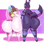  2019 absurd_res alternate_color anthro armwear big_butt butt clothing collar duo eeveelution hi_res huge_butt hyper hyper_butt legwear looking_back nintendo obvious_(character) pok&eacute;mon pok&eacute;mon_(species) rear_view simple_background striped_legwear stripes sylveon thick_thighs trinity-fate62 umbreon video_games 