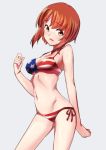  american_flag_bikini arm_behind_back bangs bikini blush breasts brown_eyes brown_hair cleavage commentary cowboy_shot embarrassed eyebrows_visible_through_hair flag_print frown girls_und_panzer looking_at_viewer medium_breasts navel nishizumi_miho open_mouth shigekiman short_hair side-tie_bikini simple_background solo standing swimsuit 