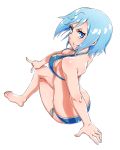  arm_support bare_shoulders barefoot bikini blue_bikini blue_eyes blue_hair breasts cleavage commentary_request crossed_legs dutch_angle from_above hand_on_own_knee highres invisible_chair looking_at_viewer mahou_shoujo_madoka_magica medium_breasts miki_sayaka sazanami_tarou short_hair shoulder_blades side-tie_bikini sideboob sitting smile solo swimsuit white_background 