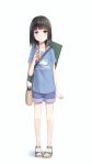  arm_at_side bag black_hair blue_shirt blue_shorts blush brown_eyes child cup drink drinking_straw flat_chest full_body handbag highres holding holding_cup jewelry looking_at_viewer medium_hair necklace original sandals shirt short_shorts shorts simple_background smile solo standing t-shirt too-ye 
